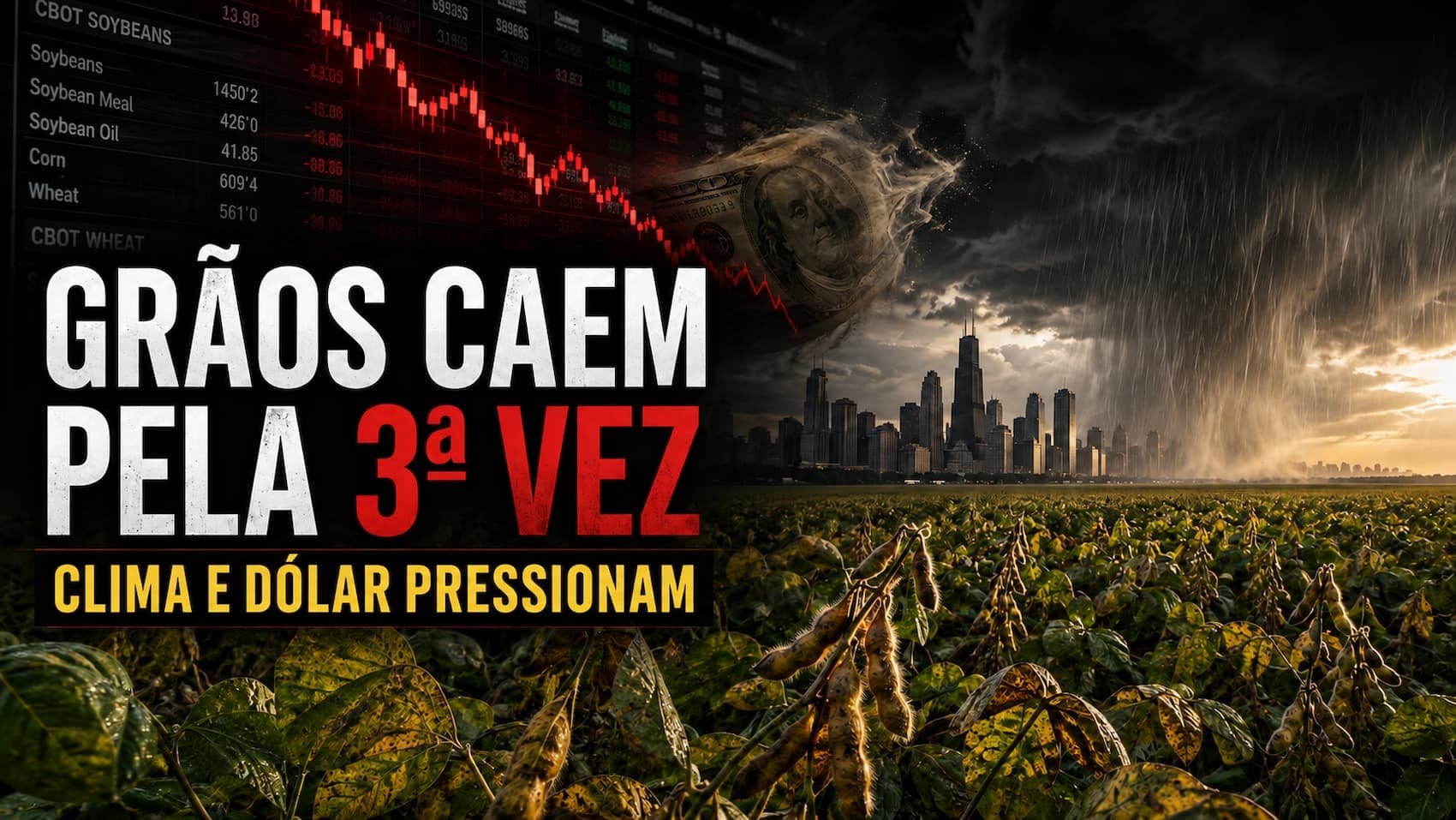 A terceira queda consecutiva em Chicago e o ruído diplomático no Dólar: O clima pressiona os grãos