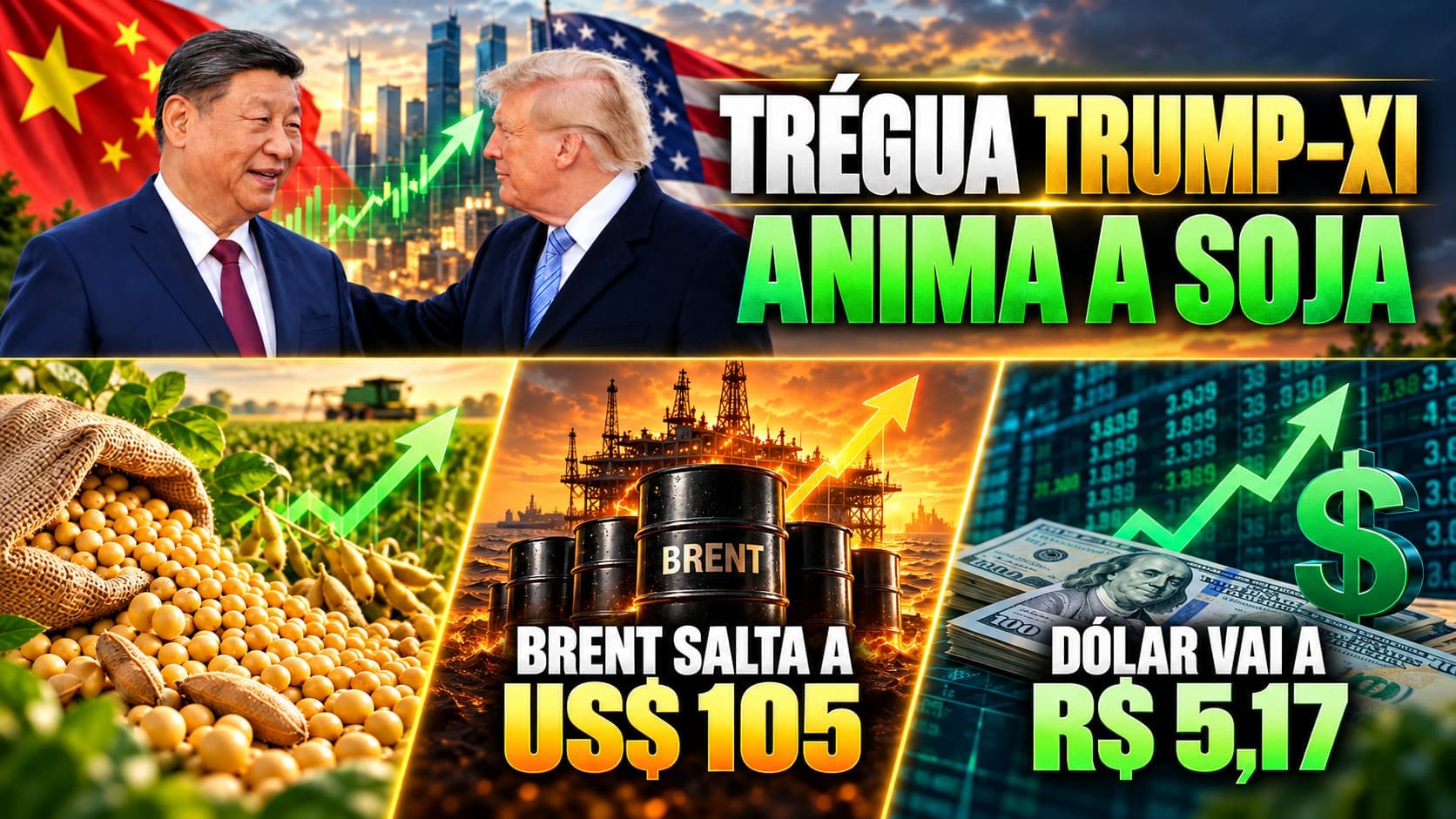 Trégua Trump–Xi anima a Soja, Brent salta a US$ 105 com veto dos EUA e Dólar vai a R$ 5,17