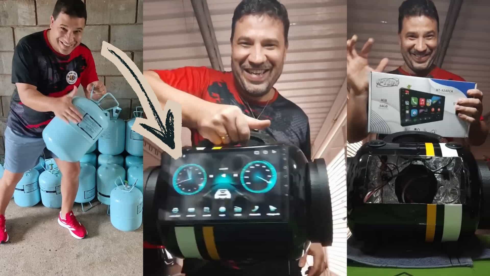 Ele transformou botijões vazios em uma central multimídia de luxo