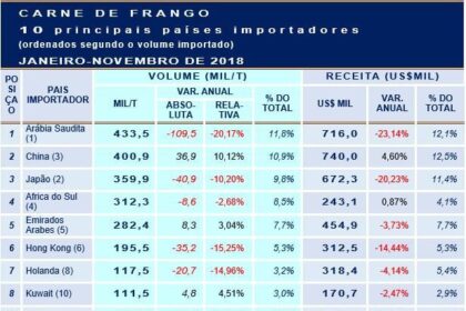 Carne de frango: os principais importadores até novembro