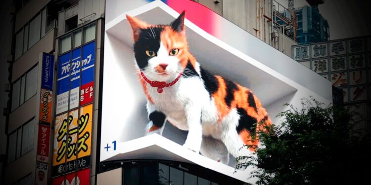 Gato gigante 3D impressiona visitantes em tela de alta definição no Japão