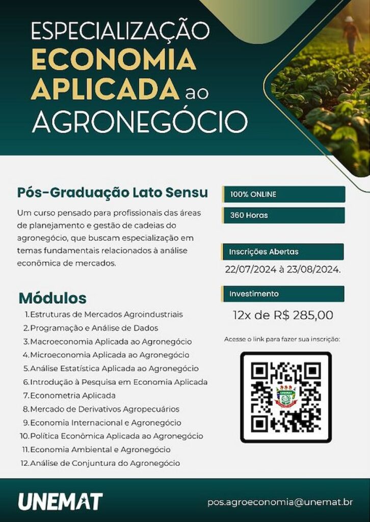 UNEMAT abre inscrições para Especialização em Economia Aplicada ao Agronegócio